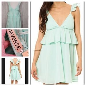 REVERSE Women's S Mint Green Ruffle Tiered V‎ Neck Babydoll Mini Dress